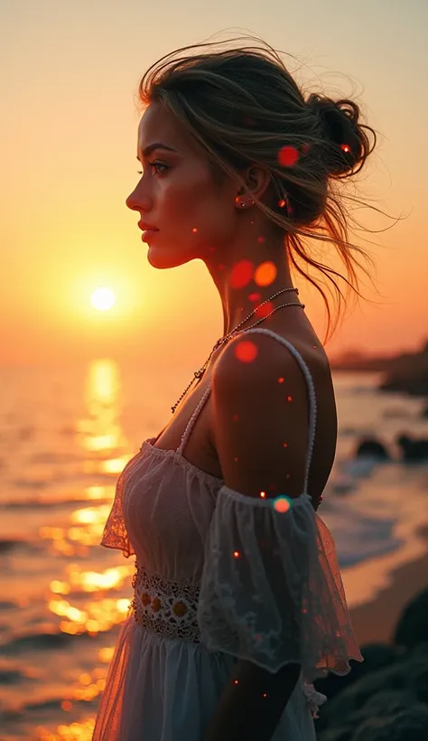  HD, Прекрасная  double exposure ,  that combines the silhouette of a goddess and the sunset on the coast,  sunset coast should serve as a backdrop , with its details, included in the silhouette of the goddess, clear lines, background monochrome, sharp foc...