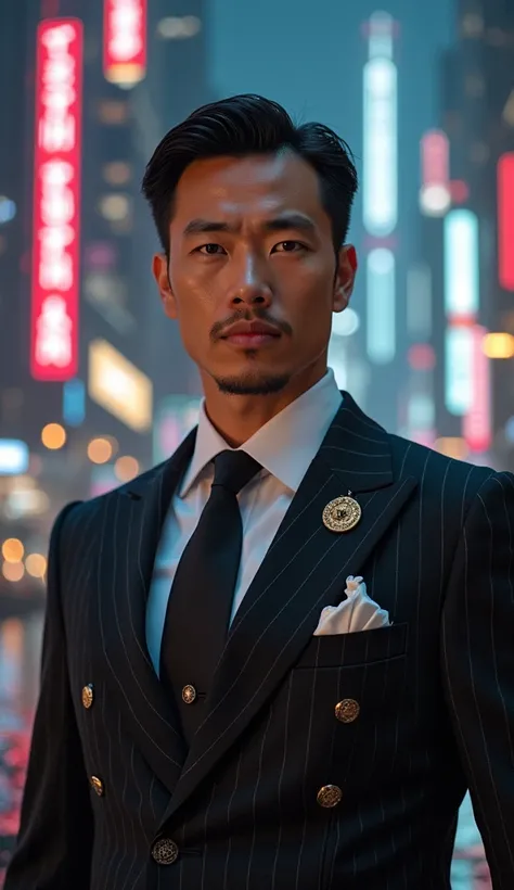 Portrait of a poised and charismatic leader dressed in a tailored, vintage-inspired suit with Art Deco patterns. Their gaze is confident and visionary, set against the backdrop of a futuristic cityscape with neon lights and towering skyscrapers. The leader...