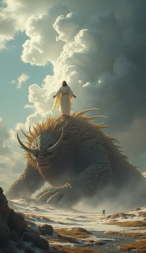 A dead Ragnarok monster is lying on the winter summer ground and an Jesus Christ is standing with one foot on top of the Ragnarok monster. Jesus Christ size small then Ragnarok monster.