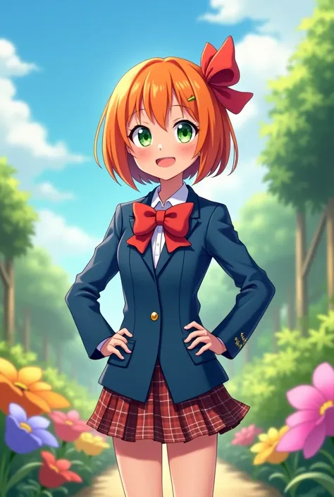 "A cheerful teenage girl with short orange hair and a big bow on the right side. She has bright green eyes full of enthusiasm. Wearing a blue school blazer and plaid skirt, she stands confidently with hands on her hips, smiling warmly. The background shows...