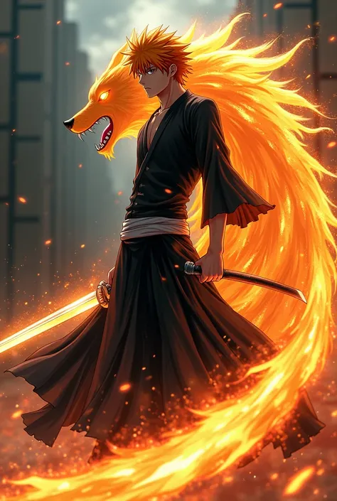 Ichigo Kurosaki with bankai fueling wolf 