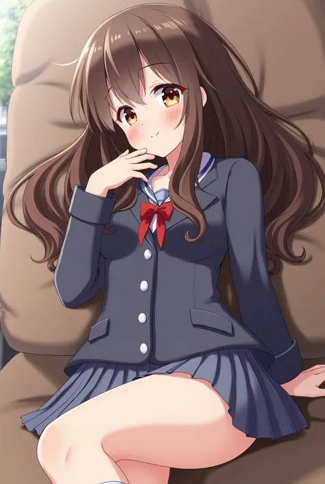  best quality，masterpiece，super high resolution，（realisticlying：1.4），1 girl，Wearing school uniform,，Big wavy hair， goose face， charming smile ，Double eyelids ，A pair of peach eyes ，，Pure， Choker Necklace ，cute，Translucent skin，， lying on the couch，Beautifu...