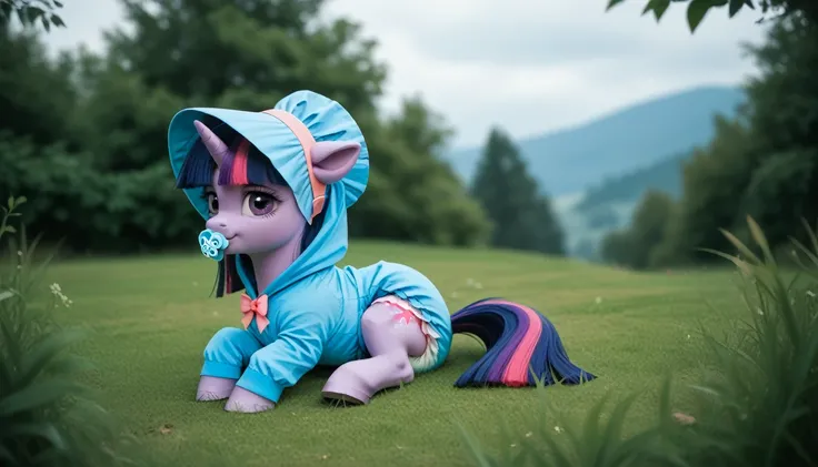 pony unicorn alone ,  Twilight Sparkle, filly , the mane is assembled in a blue bonnet ,  dark blue tail with a purple strand and a pink strand,  purple eyes , sitting outside on the grass, dressed in a blue onesie, blue pacifier in mouth, solo, thick diap...