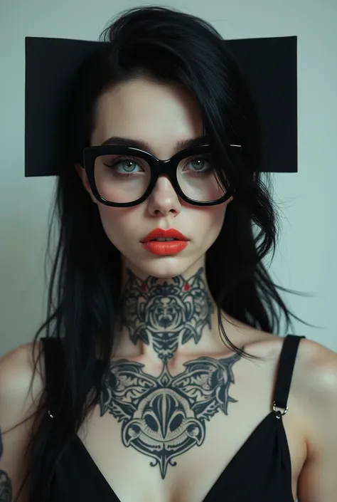  A woman with black square hair, blue eyes, grosse lunettes noires, Tattooed between the chest  