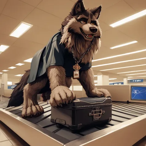 score_9, score_8_up, score_7_up, score_6_up,   a very extra long haired, anthro furry, wolf, wearing  black poncho with waistband, Chain collar, badge on the chain collar, sniffling luggage with its nose, furry wolf on the conveyor belt, furry wolf on the ...