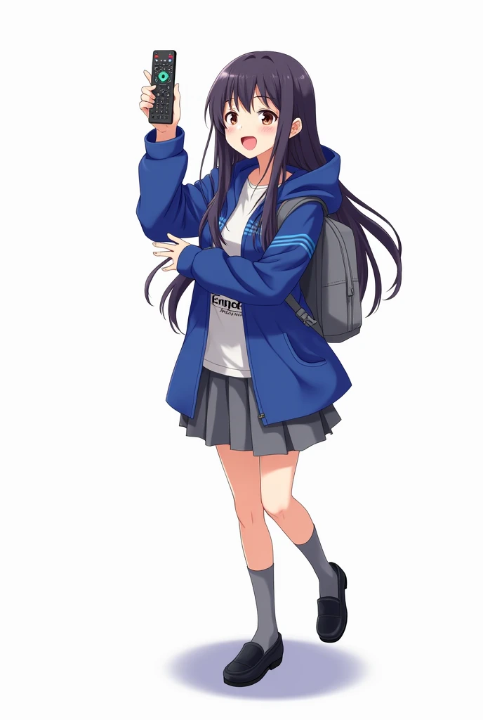 Teenage woman with black hair standing on the front and her legs and wearing black shoes and gray socks and poleron with open closure very intense blue with hood and with letters EMPREDER with and with backpack gray skirt anime image with a remote control ...