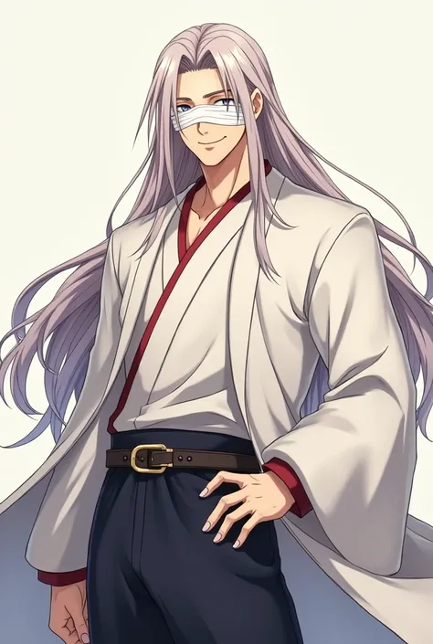 Adult guy with a kind smile,With white skin, With long hair , good physique,  with bandages on his eyes, in white haori, in the style of the anime Demon slayer 