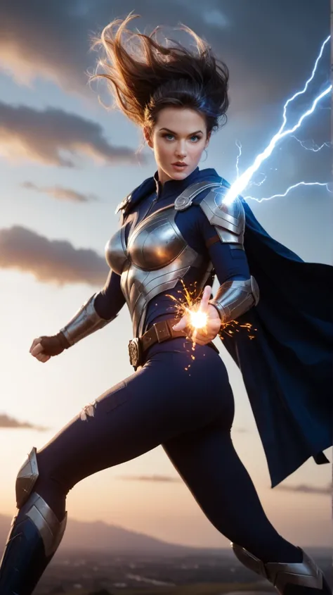 "A powerful Korean woman superhero in the midst of an intense combat sequence, wearing a fusion costume inspired by Marvel and DC heroes. Her outfit features advanced armor with glowing energy circuits, a sleek, aerodynamic design, and a cape torn from the...