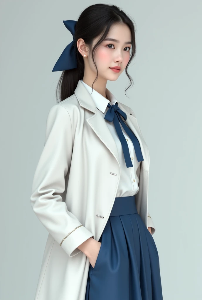 A white Thai woman, 18 years old, wearing a school uniform, a white coat, a blue skirt, a ponytail tie, a blue bow 