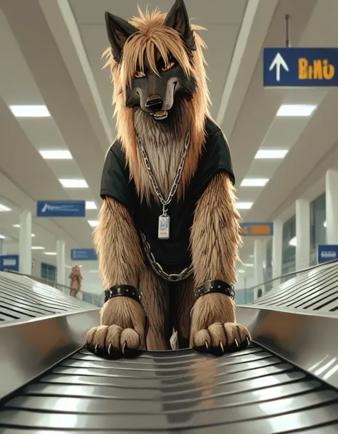 score_9, score_8_up, score_7_up, score_6_up,   a very extra long haired, anthro furry, wolf, wearing  black poncho with waistband, Chain collar, badge on the chain collar, sniffling luggage with its nose, furry wolf on the conveyor belt, furry wolf on the ...