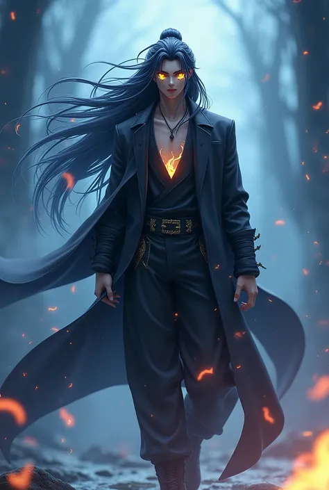 3D long haired man anime figure in"Sparkle story "The atmosphere around is foggy, white flame, black balance effect ,. In the eyes, there are black and white flames burning on both sides.,, yellow, blue eyes, ,Chinese anime,Cool request 