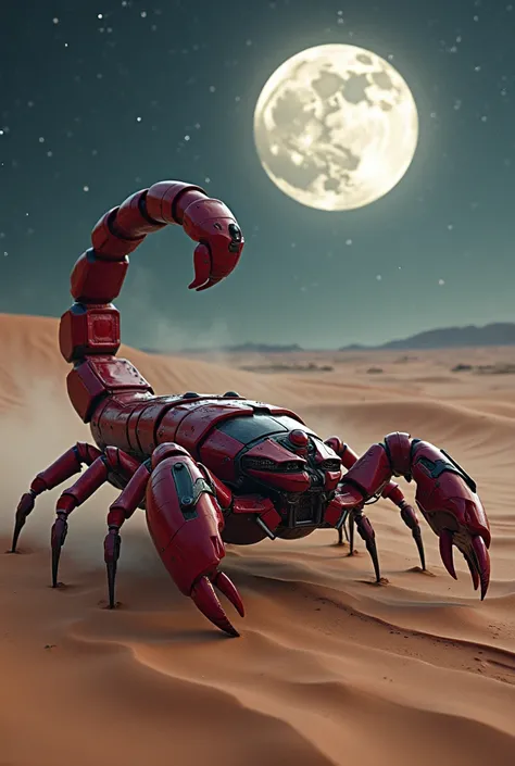 make me a picture with a desert background at night, a giant scorpion with a red ironman suit or armor with a real 3d design and looks very real