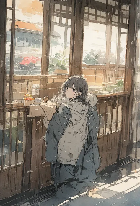 masterpiece,最 High Quality , Very detailed, High Resolution Background ,8k, nothing , High Quality ,break, Japanese manga style , sketch, Watercolor colors,Cozy cafe,Old interior, stylish interior, girl,slowly,relax,sweets, 