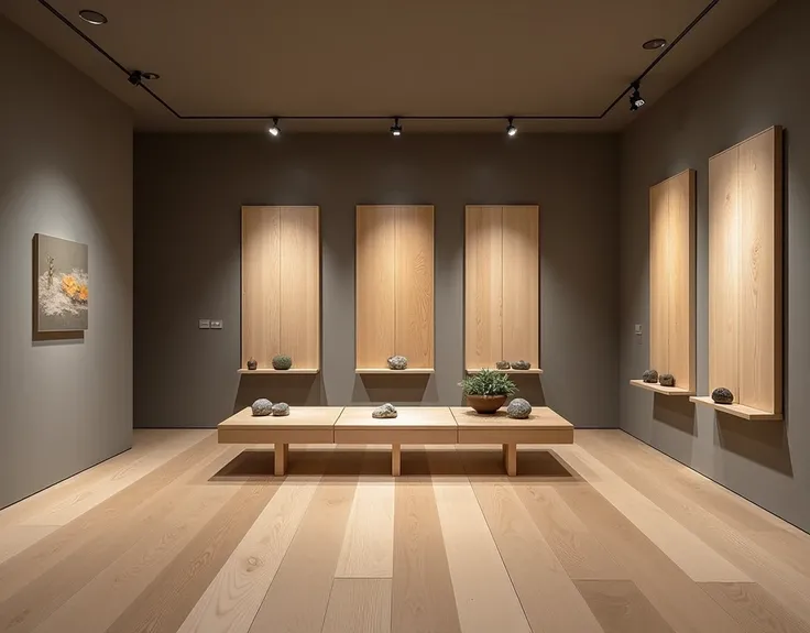 Interior design for a wooden flooring showroom, in Wabi-sabi style, featuring an overall gray color palette and a flat ceiling,