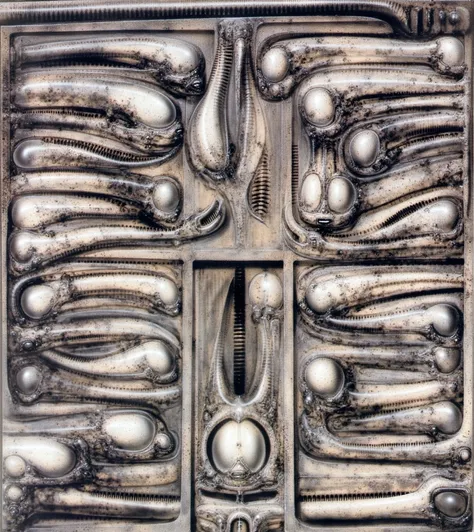 H. R. Gigers g1g3r, , Giger_style, The image is a detailed view of H.R. Gigers " NECRONOM IV " plate, featuring . The artistic manner would be unmistakably Gigeresque. A dark and unsettling beauty would permeate the piece, blurring the lines between fascin...