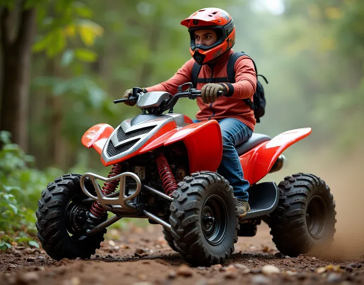 an ATV standing in front with a man in a helmet sitting on it