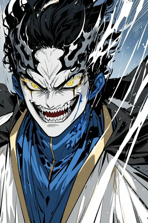 Demigod , high,  of black hair , golden-eyed,  with a mocking smile , with elongated teeth ,  has a Chinese combat robe,  of light blue and white color .