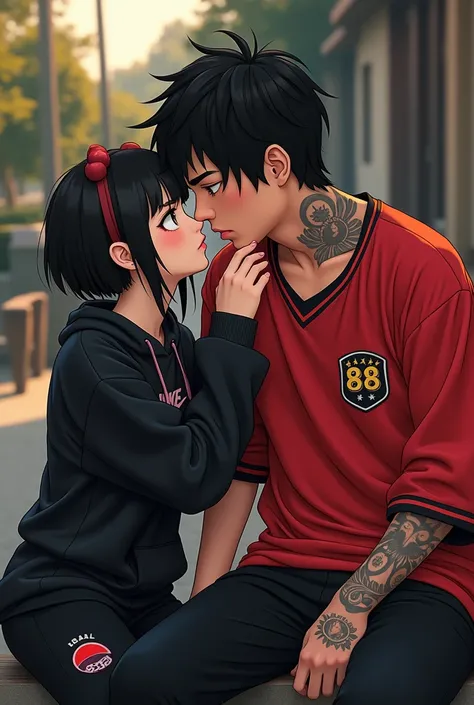  create an image of Pucca wearing y2k clothes and Japanese-like eyes , making a scene of jealousy to a light-eyed man ,  dressed in a long sleeve t-shirt with a red soccer jersey with a tattoo of the number 88 on his neck,  while sitting listening to her h...