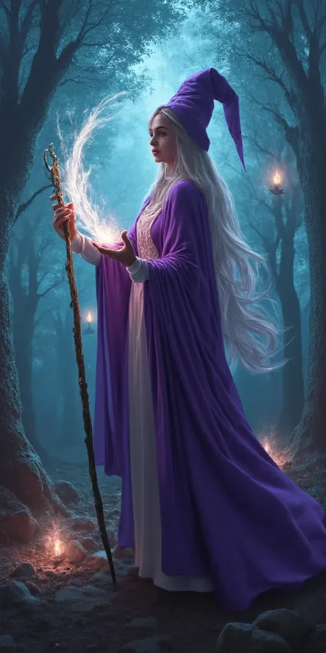 A full-body image of a female mage, positioned to the side of the frame, casting a spell with mystical energy swirling around her. The background features an enchanted forest with glowing runes and magical creatures. Ultra-detailed, 4K resolution, emphasiz...