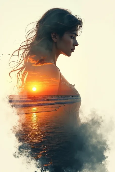 high-quality, 8k Ultra HD, eine wunderschöne double exposure, which combines a goddess silhouette with a sunset coast. The sunset coast should serve as the underlying backdrop, where her details flow into the goddess. sharp lines, the background is monochr...