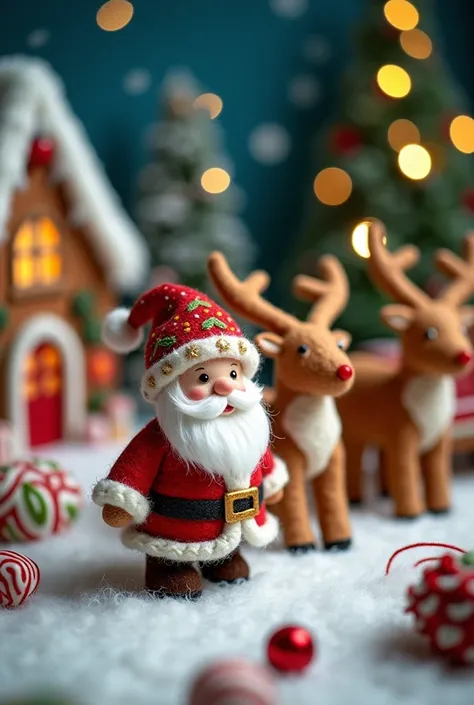 A simple, cute Christmas scene with needle felt characters. In the background are gingerbread houses, Christmas trees and candy on a table. Santa Claus in gorgeous hats, elk pulling the car, the image is high resolution, rich in detail and rich in color.