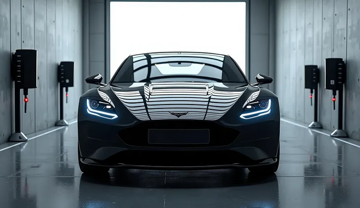 Front view of a black car with its butt facing forward parked in a high-tech car wash with gray walls in the background

