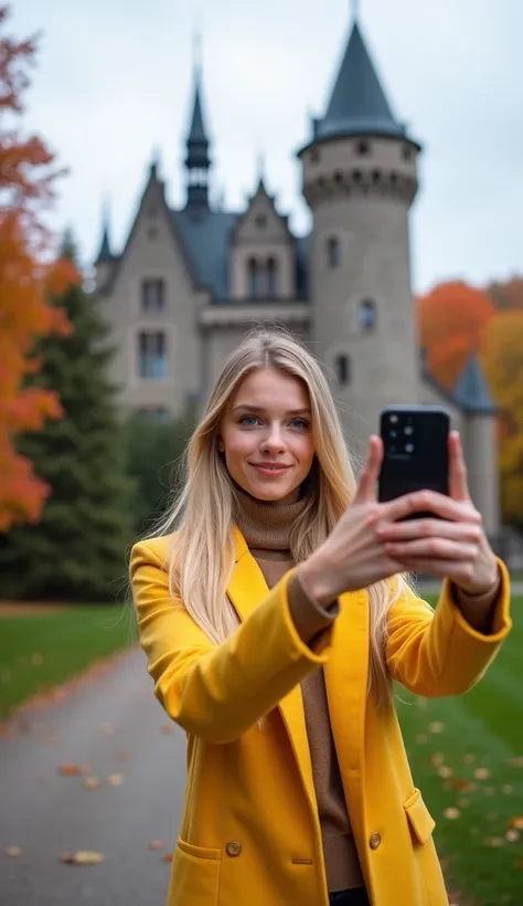 Blonde woman takes selfie with front camera in front of Canadian castle in autumn, wearing yellow luxury coat, surprised expression