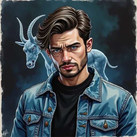 colourful ink painting of a 26 years age, denim jacket, black shirt, round face, soft beard, short beard, ink painting, a transparent capricorn spirit in the background, focus, dark theme, award winning ink painting, hd resolution, 4k