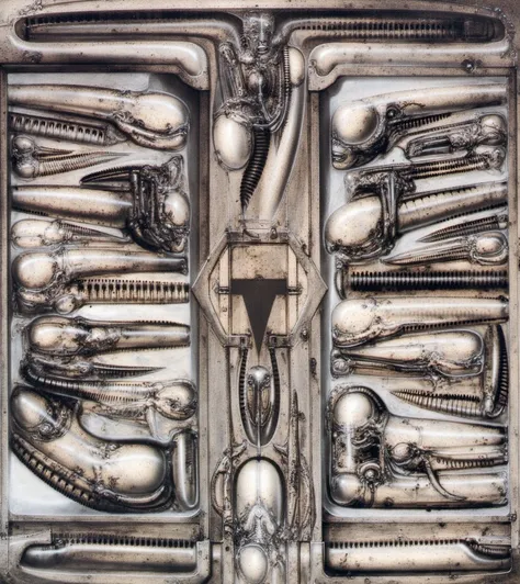 H. R. Gigers g1g3r, , Giger_style, The image is a detailed view of H.R. Gigers " NECRONOM IV " plate, featuring . The artistic manner would be unmistakably Gigeresque. A dark and unsettling beauty would permeate the piece, blurring the lines between fascin...