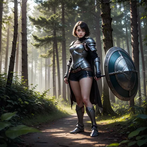 Girl, teen, short hair, wearing steel armor, holding shield, shorts, standing in the middle of the forest