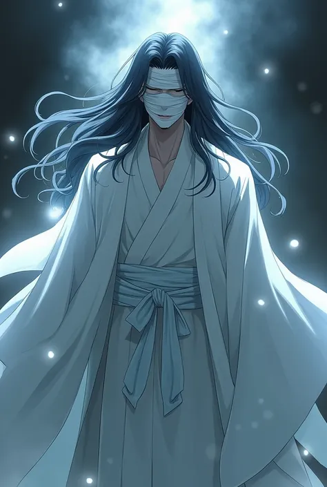 An adult guy with white skin, bandages on his eyes, no eyes visible, in white haori, with long hair, in the style of the anime Demon 