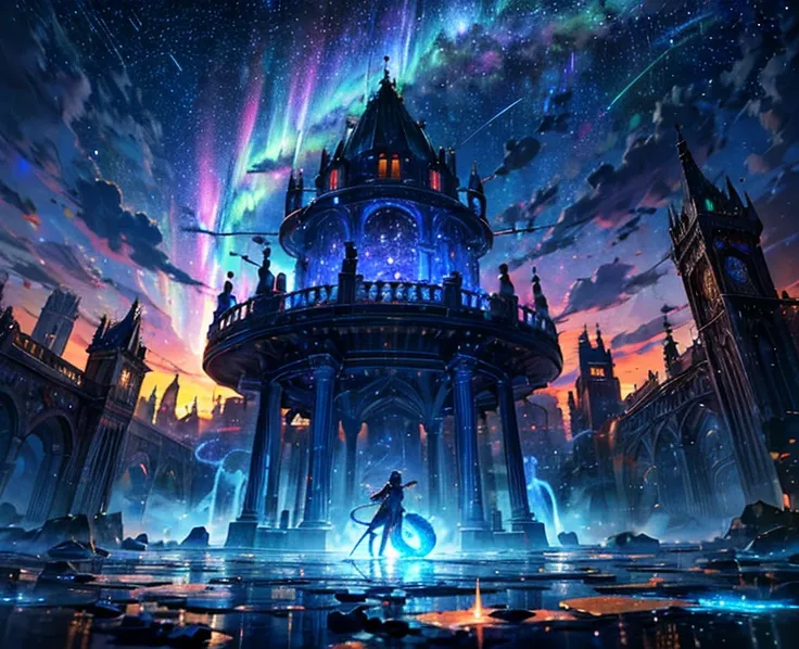 (8k,   best quality , masterpiece, ファイナル fantasy スタイル: 1.2), ( unrealistic, Photographically: 1.37),  Dreamy Scenery ,  fantasy ,  unrealisticな風景,  super detailed, Flying Medieval Castle,  Island in the Sky , Seven-colored light swirl, (meteorのMister. Danc...