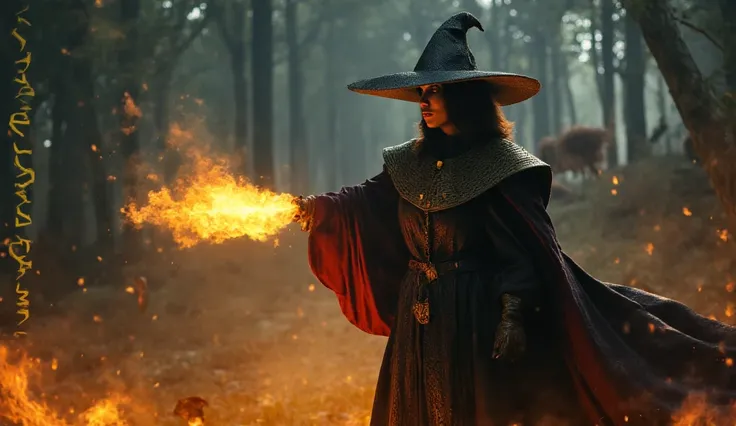 A full-body image of a Beautiful Pale skin female mage wearing a witch hat, positioned to the side of the frame, casting a Fire spell with mystical energy swirling around her. The background features an enchanted Gothic forest with glowing runes and magica...