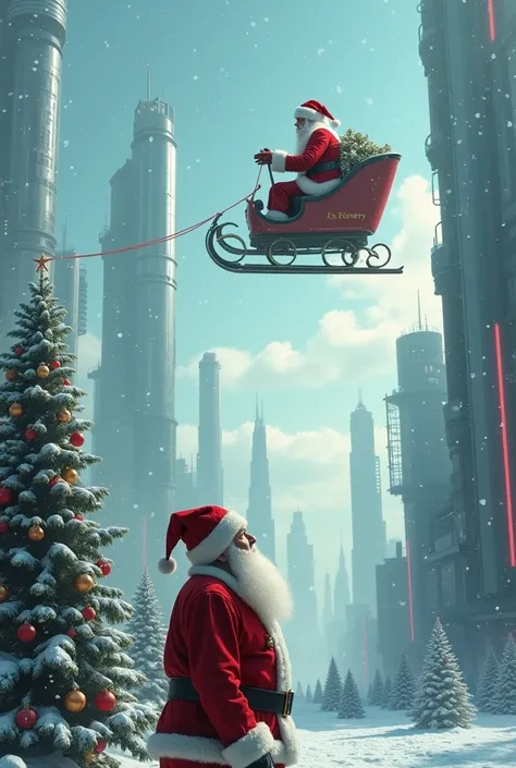 In the future city,at the top of the picture,a  wearing a Santa hat is flying in the sky on a sleigh. At the bottom of the picture,a Santa Claus is looking up and it is snowing in the sky,incredibly absurdres,with "Merry Christmas" at the top of the pictur...