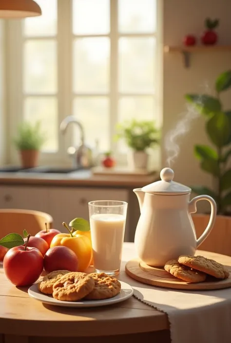 A table with breakfast coffee and bread cookies fruit milk 