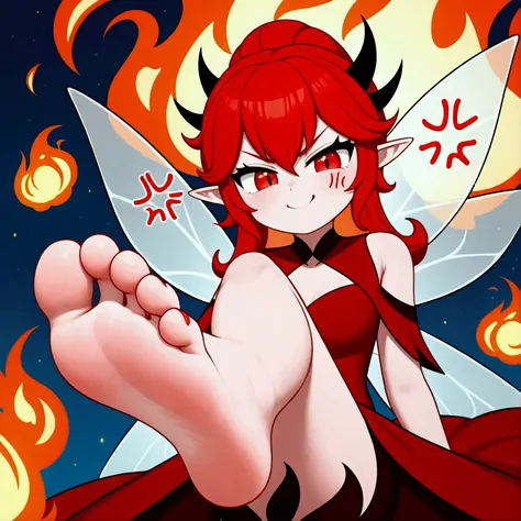 fairy, feet, sole, foot focus woman, very beautiful, very cute, red hair, red eyes, red clothes, evil smile, anger, evil, fire, alone, 4k, High resolution, best quality