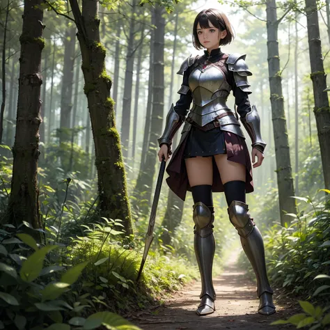 Girl, teen, short hair, wearing iron armor, holding shield, short steel skirt, standing in the middle of the forest