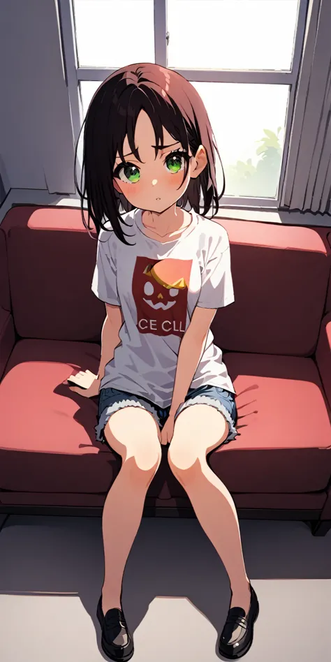 nagatoro :   a cute girl dressed in a t-shirt and short denim shorts ,  in front of me full body  ,  sitting on the couch leg , ...