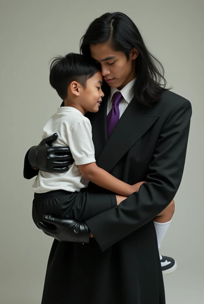 Live Action pre teen Asian boy with Long Flowing black Hair, Wearing a LONG Sleeved, Baggy Black Double Breasted Suit that reaches the ground over a Baggy White Dress shirt Properly Tucked in With The Sleeves cuffs Covering the Palms and Purple tie tied Ti...