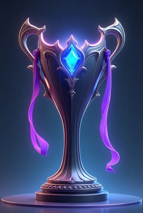 1 gold trophy ，Fantasy style， A championship trophy with a sense of technology，Alone， e-sports championship trophy ，The upper part has a simple curved design ， Smooth linear design ，A blue jewel embellished with a blue gemstone ， cup earhook with a wide pu...