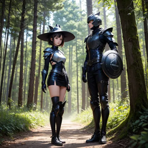 Girl, teen, short hair, wearing carbon armor, holding shield, carbon skirt, short leg, standing in the middle of the forest, carbon hat