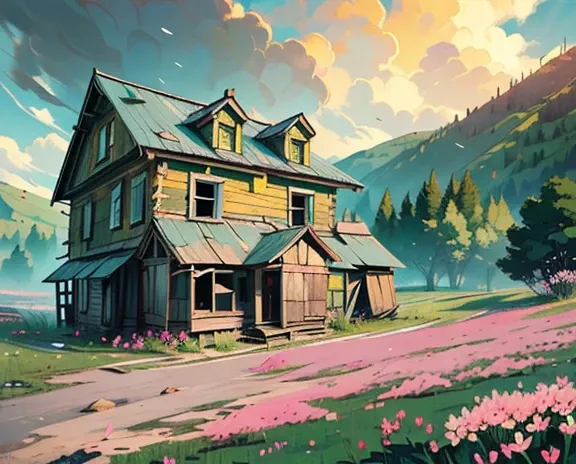 (masterpiece:1), ( full wide view :1.5), (  beautiful old wooden abandoned house  :1.6),  owl under guard，(Lo-Fi environment :1.3), (Valley of Flowers:1.5), ( Movie Scene :1.3), silence, ( cloudy sky:1.4), (  a soft, dull glow in green and yellow tones:1.4...