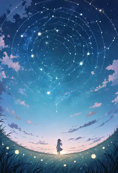 ((pastel))、 one woman,  I have grass around my body  ,Like a , constellation, ,Connect ,  is visible from a distance, Moving scene  