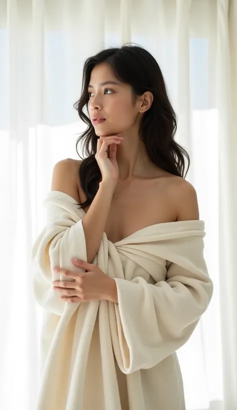 The image depicts a person with dark, wavy hair who is wearing a light-colored towel draped over their shoulders. The individual is holding the towel with one hand near their chin, and the background is plain and white. This setting suggests a relaxed or c...