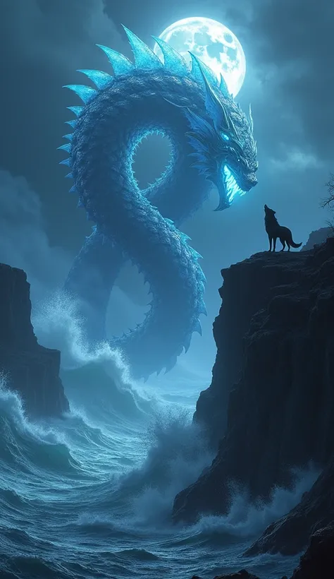  A massive Leviathan with glowing scales emerges from the ocean depths, while a howling wolf stands on the cliffs above, silhouetted against the full moon. Waves crash violently below.