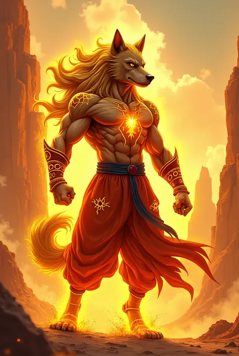 A dramatic, high-fashion portrait of a powerful dog warrior, inspired by Goku, set against a breathtaking, fiery orange and yellow mountainous desert landscape, with hints of redshift and jagged edges, evoking a sense of intense energy and action. His long...