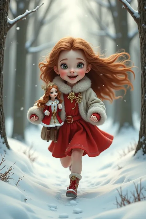 Petite fille châtain qui court dans la forêt enneigée avec un reine de Noël 
