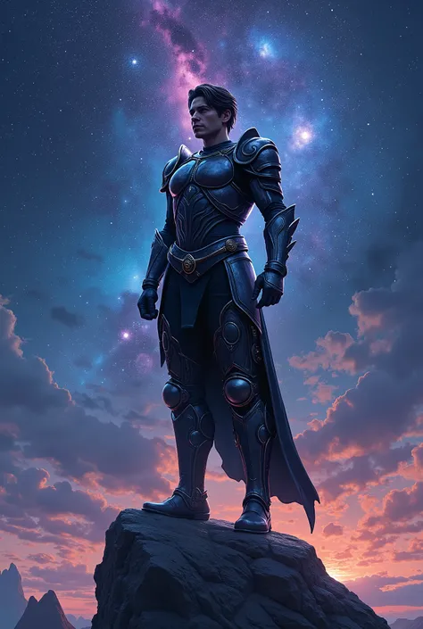 Create an illustration of a mysterious warrior standing atop a rock, surrounded by a cosmic backdrop of swirling galaxies and stars. The warrior, dressed in dark, intricate armor with silver accents, exudes a sense of power and control. His hair is tousled...