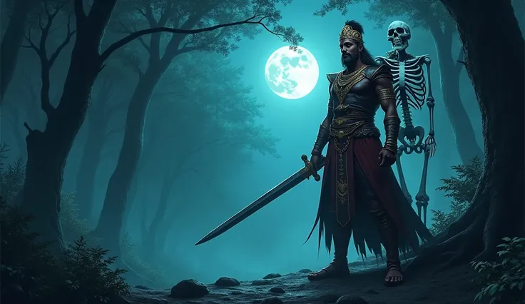 A mystical forest at night with a glowing full moon. King Vikramaditya stands tall, with a fierce and thoughtful expression, carrying a sword in one hand and Betal perched on his shoulder. Betal leans toward Vikram, speaking with a sly smile, his skeletal ...