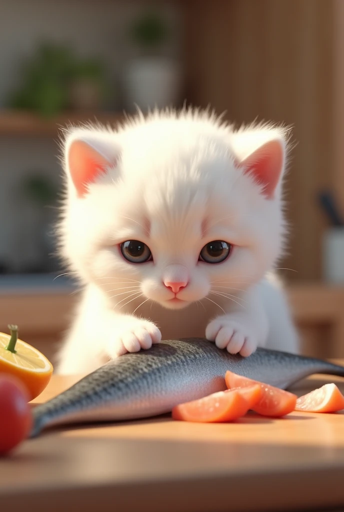 プロンプト:

A realistic 3D scene of a small white kitten skillfully preparing fish on a kitchen counter. The kitten is delicately using its paws to manipulate the fish, with a focused expression. Its fur is pristine white, and its eyes are a soft bluish-gray, ...